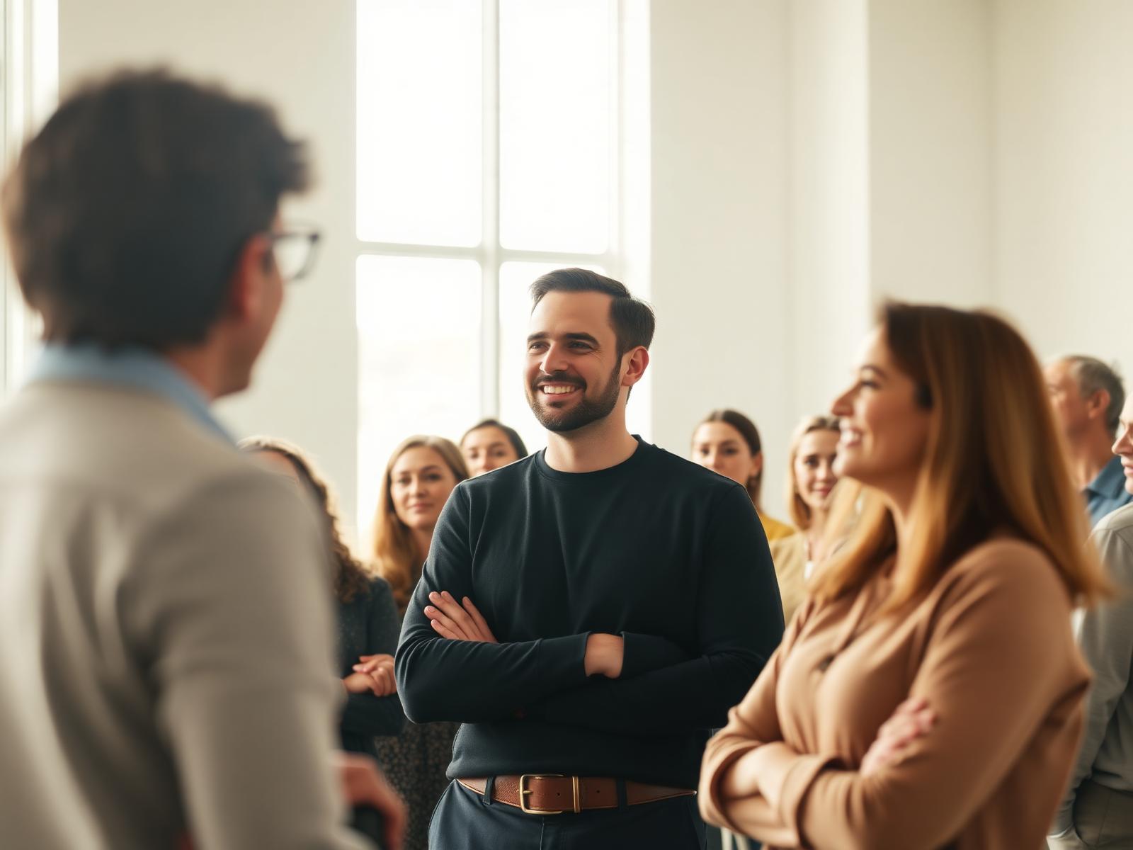 Une équipe en formation, échanges chaleureux dans une salle lumineuse